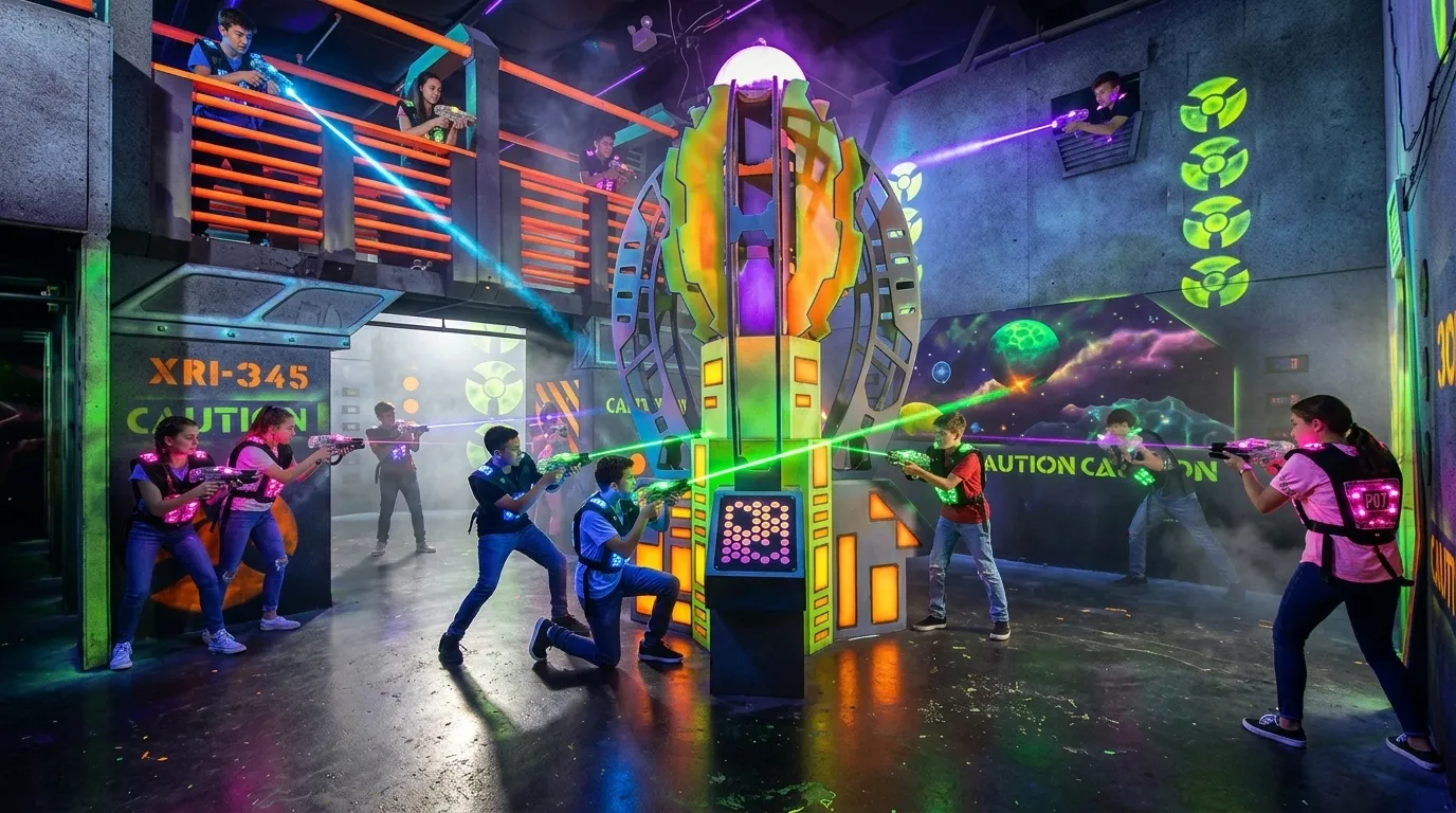 The Bay Area's only two-story laser tag arena at Laser Tagging Inc. in Newark, CA. 7,000 square feet of neon-lit multi-level tactical terrain with ramps, bridges, and elevated combat positions.