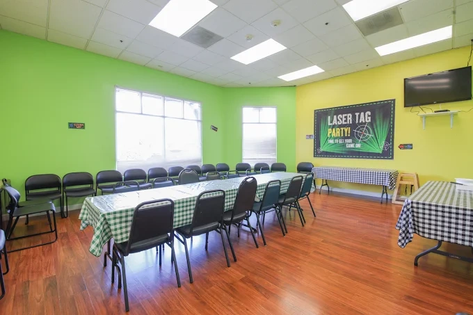 Colorful party room with green and yellow walls